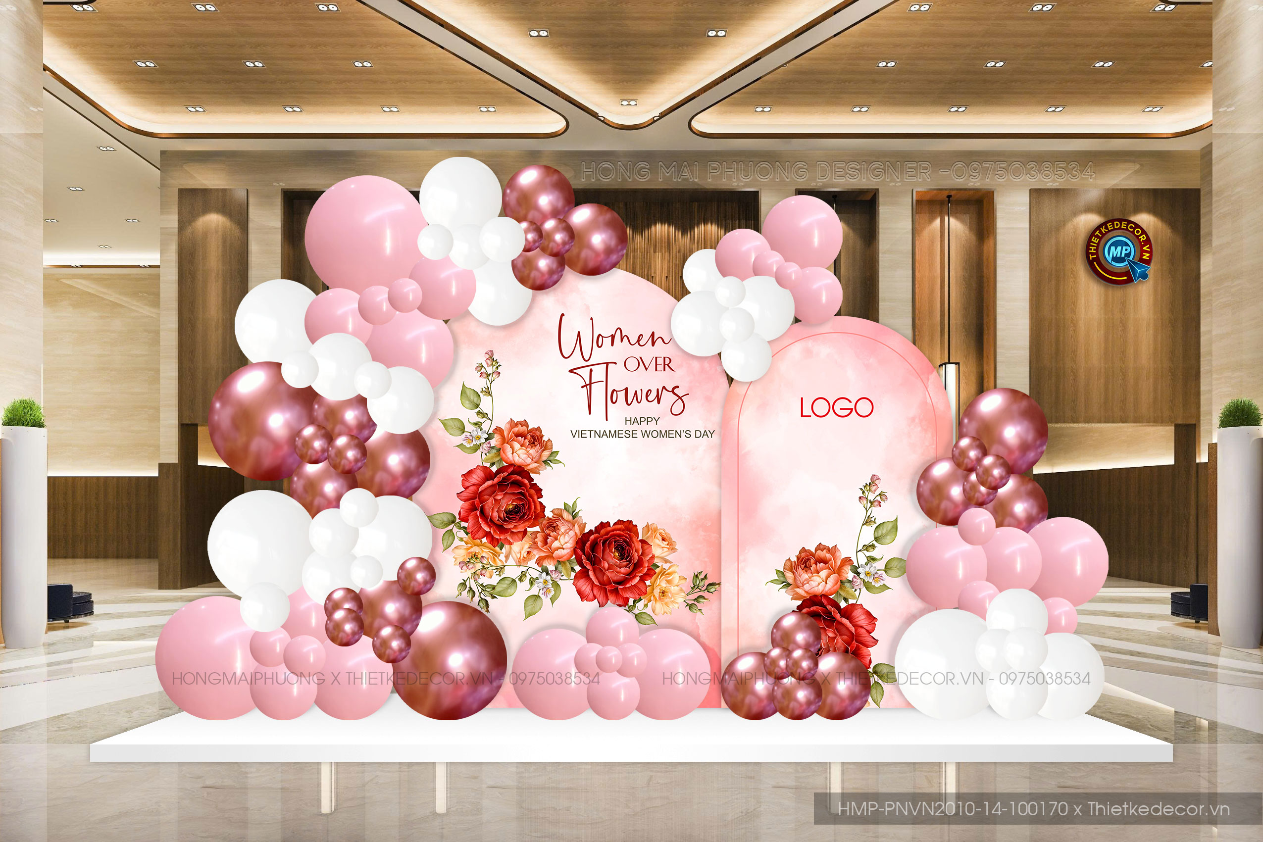 Backdrop Phụ nữ VN 20-10 Hoa tiết hoa tone hồng đỏ